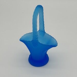 Vintage Blue Frosted Satin Glass Basket Decor Matte Ruffled Edge Small